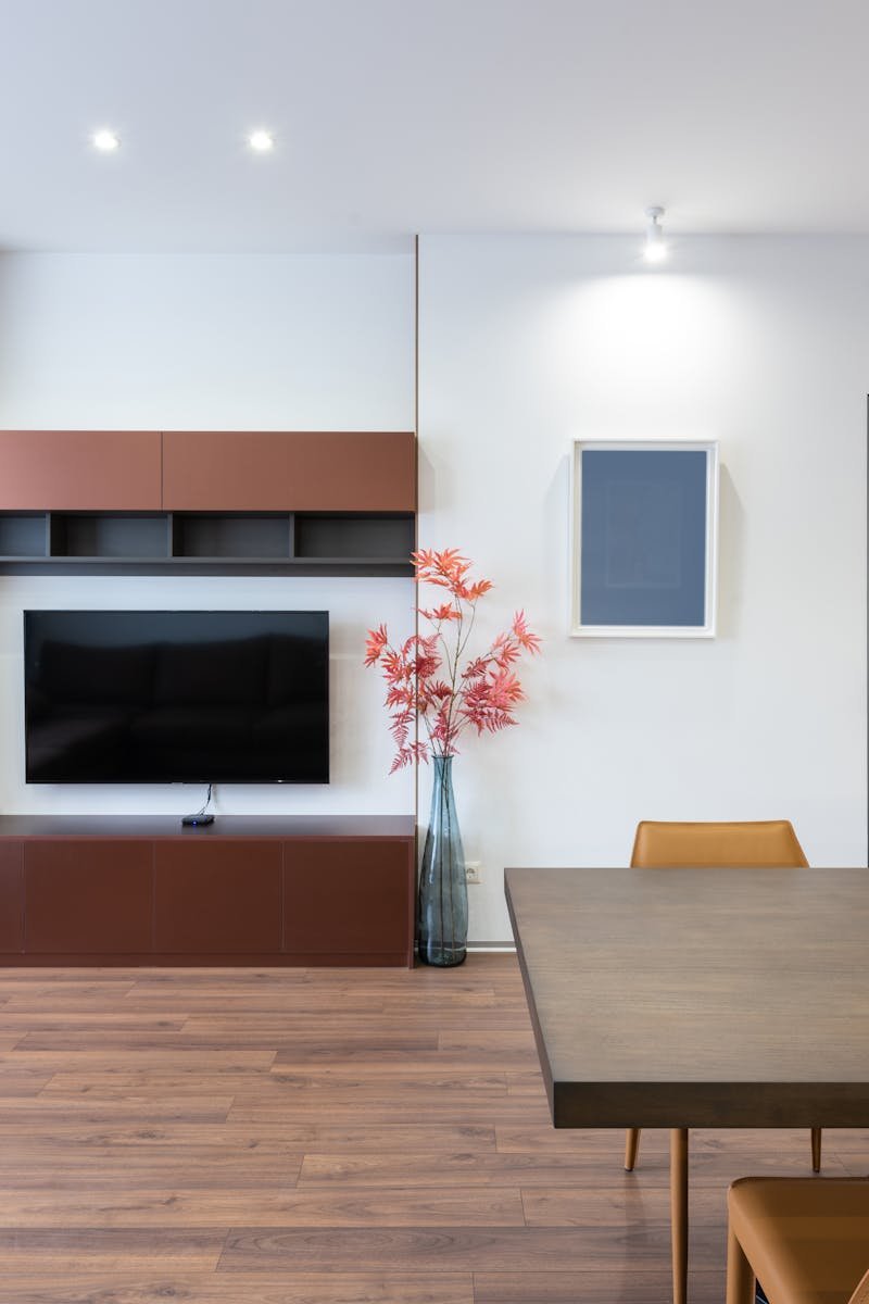 Stylish modern living room featuring elegant furniture, decorative elements, and a flat-screen TV setup.