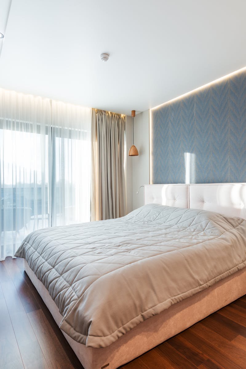 Bright and modern bedroom interior featuring a cozy bed and sunlight streaming through the window.